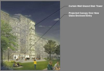 Perspective view of O'Shaughnessy Hall from the east. Rendering provided by Moseley Architects.