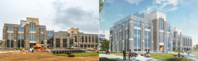 Rendering of exterior of Hitt Hall on the right and a photo of current construction progress on the left