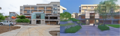 A rendering of steps near Derring Hall after a renovation on the right, and on the left is a photo of the current construction progress.