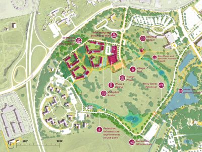 A colorful rendering of a map and where the Student Life Village will be