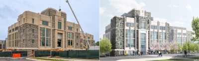 A photo of the construction progress at the Undergraduate Science Lab Building on the left and a rendering of the completed project on the right.
