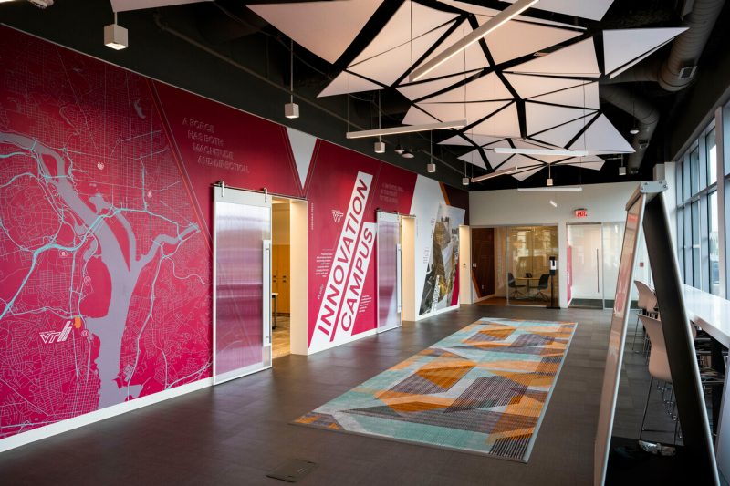 A colorful hallway inside the existing Innovation Campus building.